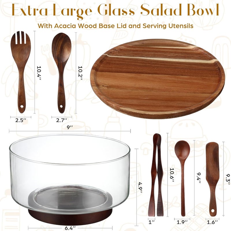 FoldTier Large Glass Salad Bowl Set, Party Salad Bowl with Acacia Wood Base and Lid as Cheese Charcuterie Board and Plate, Comes with 5 Pieces Elegant Wood Serving Utensils - Image 3